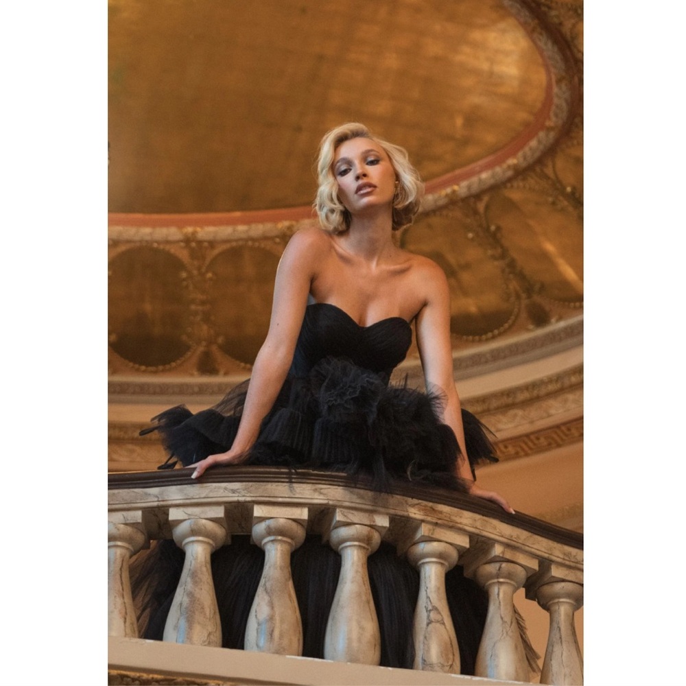 Mac Duggal Black Strapless Tulle Gown with Feather Detail - Picture 4 of 16